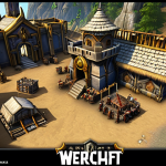 **A Human base under construction in Warcraft III. Focus on the early stages of expansion, with a Peasant building a Guard Tower near a gold mine. The Altar of Kings and Barracks should be visible in the background.**