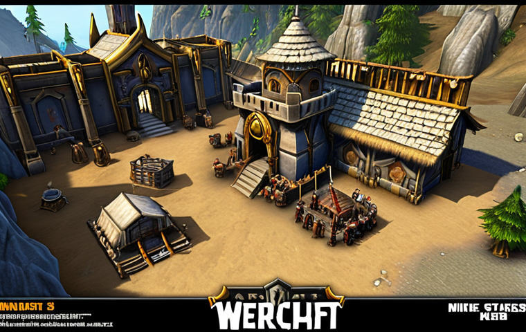 **A Human base under construction in Warcraft III. Focus on the early stages of expansion, with a Peasant building a Guard Tower near a gold mine. The Altar of Kings and Barracks should be visible in the background.**