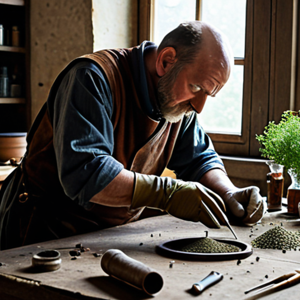 Alchemist in Workshop** "A skilled alchemist, fully clothed in practical, brown leather and cloth attire, working diligently at a workbench cluttered with vials, herbs, and arcane tools. The workshop is filled with soft, natural light streaming through a window, revealing dust motes dancing in the air. Safe for work, appropriate content, fully clothed, professional, perfect anatomy, correct proportions, natural pose, high quality, well-formed hands." **