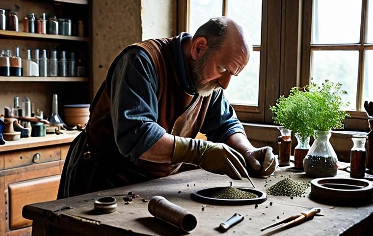Alchemist in Workshop** "A skilled alchemist, fully clothed in practical, brown leather and cloth attire, working diligently at a workbench cluttered with vials, herbs, and arcane tools. The workshop is filled with soft, natural light streaming through a window, revealing dust motes dancing in the air. Safe for work, appropriate content, fully clothed, professional, perfect anatomy, correct proportions, natural pose, high quality, well-formed hands." **