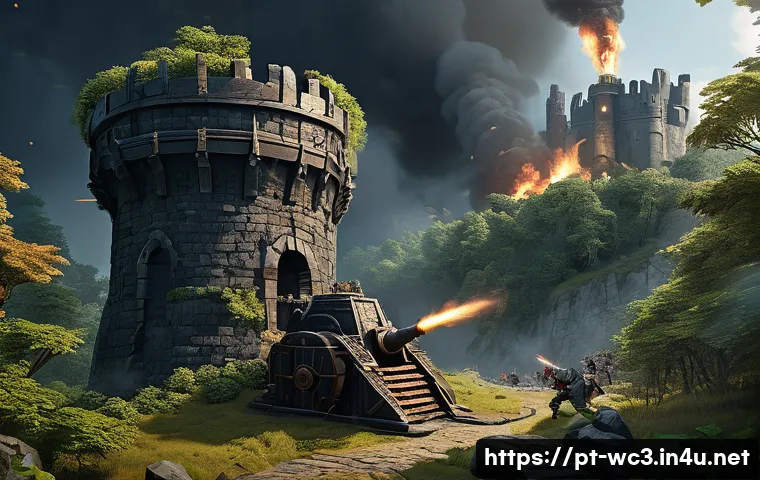워크래프트3 타워 디펜스 공략 - A detailed fantasy tower defense scene set on a narrow winding path surrounded by lush forest, featu...