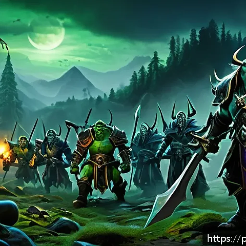워크래프트3 워크스케이프 공략 - A dynamic fantasy battle scene featuring four distinct Warcraft 3 WarScape races: Humans, Orcs, Nigh...