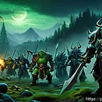 워크래프트3 워크스케이프 공략 - A dynamic fantasy battle scene featuring four distinct Warcraft 3 WarScape races: Humans, Orcs, Nigh...