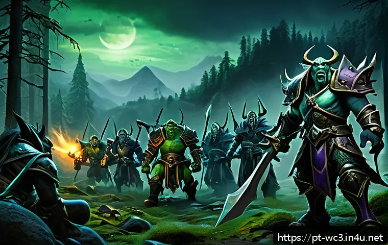 워크래프트3 워크스케이프 공략 - A dynamic fantasy battle scene featuring four distinct Warcraft 3 WarScape races: Humans, Orcs, Nigh...