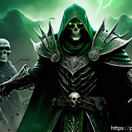워크래프트3 언데드 디스트로이어 공략 - A powerful undead destroyer hero standing confidently on a battlefield, surrounded by ghouls and abo...