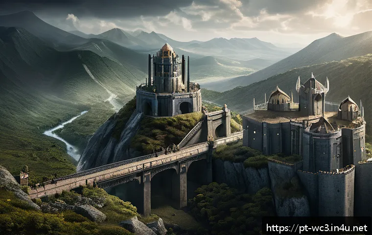 워크래프트3 타워 위치 선정 팁 - A highly detailed fantasy battlefield scene featuring a variety of strategic defense towers position...