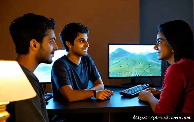 워크래프트3 팀플 전략 - Photorealistic evening scene of three Brazilian friends coordinating a fantasy real-time strategy ma...